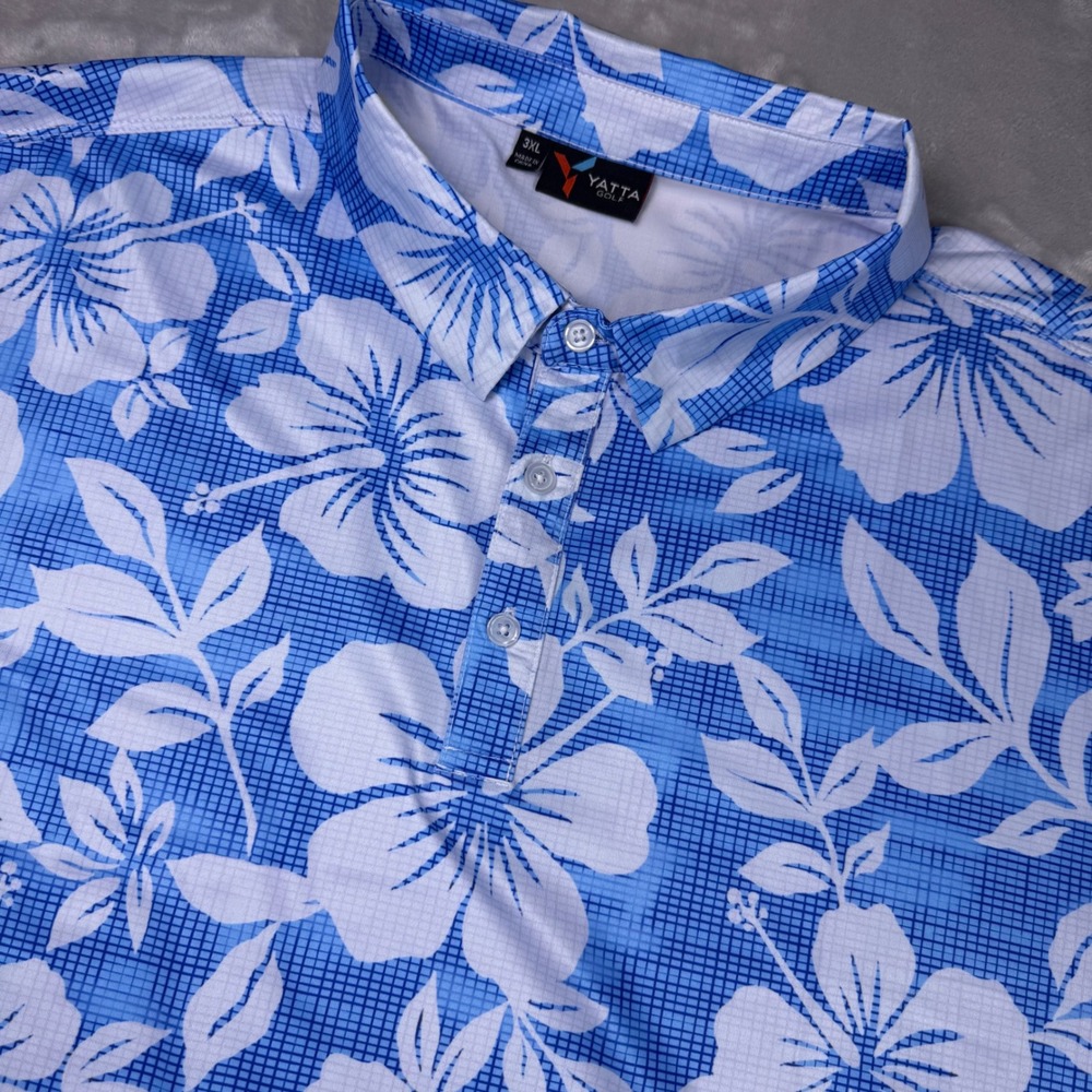 Yatta Golf Mens 3XL Blue White Hibiscus Floral Performance Polo Shirt Stretch
